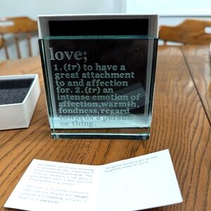 spaceform, London. Engraved Glass Paper Weight / Decor with gift box. LOVE.